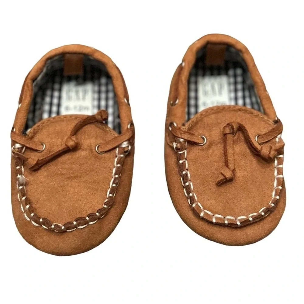 Baby Gap Moccasin Shoes Baby 6-12m Brown Excellent Faux Suede Gingham Preppy